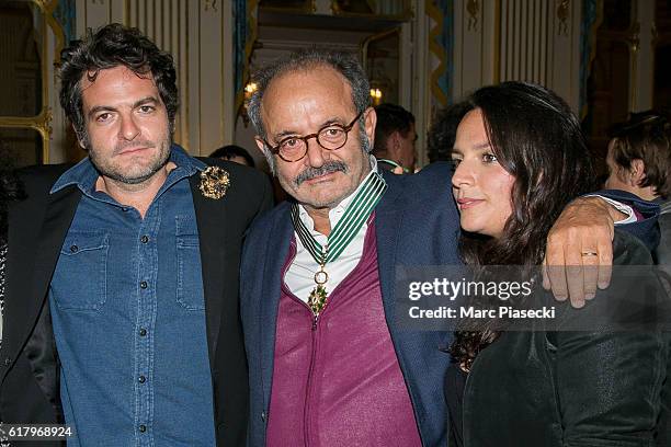 Matthieu Chedid, Louis Chedid and Anna Chedid pose after Louis Chedid ceremony receiving medal of 'Commander of the Order of Arts and Letters' from...