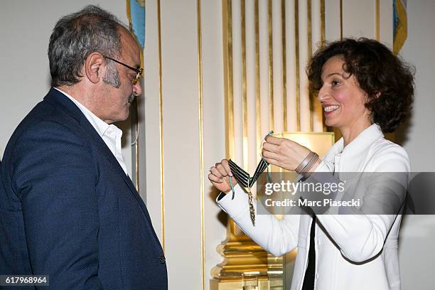 Musician Louis Chedid receives the medal of 'Commander of the Order of Arts and Letters' at Ministere de la Culture from Minister of Culture and...