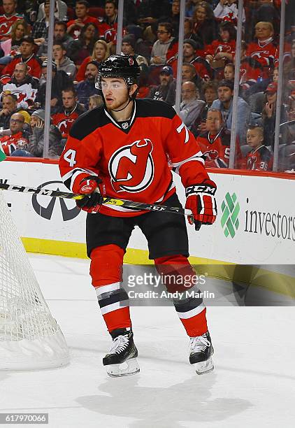 Blake Speers of the New Jersey Devils skates during the game against the Minnesota Wild at Prudential Center on October 22, 2016 in Newark, New...