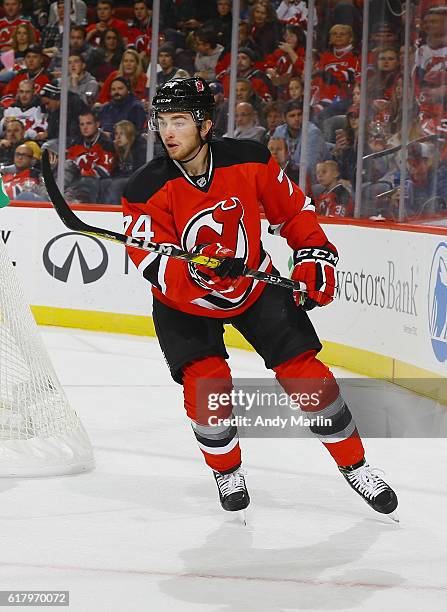 Blake Speers of the New Jersey Devils skates during the game against the Minnesota Wild at Prudential Center on October 22, 2016 in Newark, New...