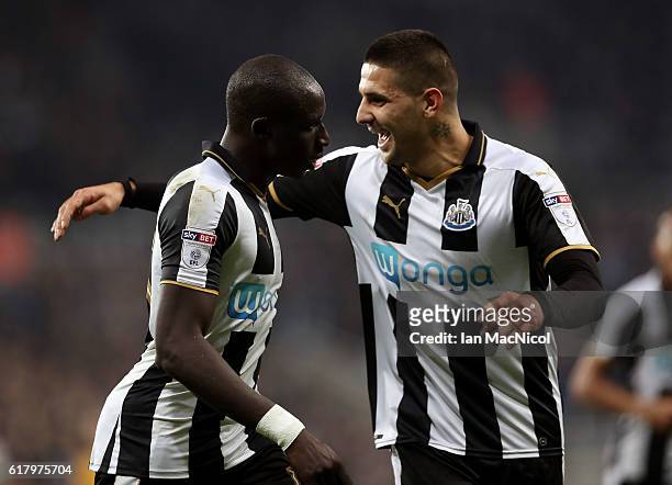 Mohamed Diame of Newcastle United celebrates scoring his sides second goal with Aleksandar Mitrovic of Newcastle United during the EFL Cup fourth...