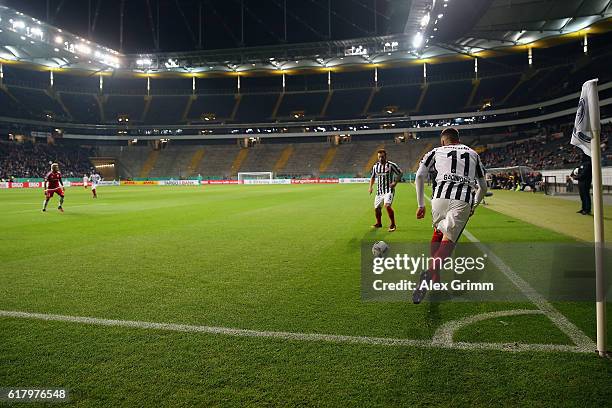 Mijat Gacinovic and Szabolcs Huszti of Frankfurt shoot a corner during the DFB Cup Second Round match between Eintracht Frankfurt and FC Ingolstadt...