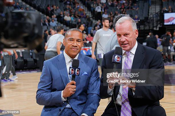 Sportscaster Mark Jones and analyst Doug Collins cover the game between the LA Clippers and Sacramento Kings on October 18, 2016 at Golden 1 Center...