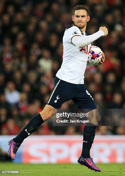 Vincent Janssen of Tottenham Hotspur celebrates scoring his sides first goal during the EFL Cup fourth round match between Liverpool and Tottenham...