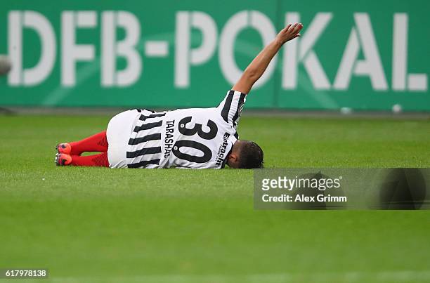 Shani Tarashaj of Frankfurt reacts during the DFB Cup Second Round match between Eintracht Frankfurt and FC Ingolstadt at Commerzbank-Arena on...