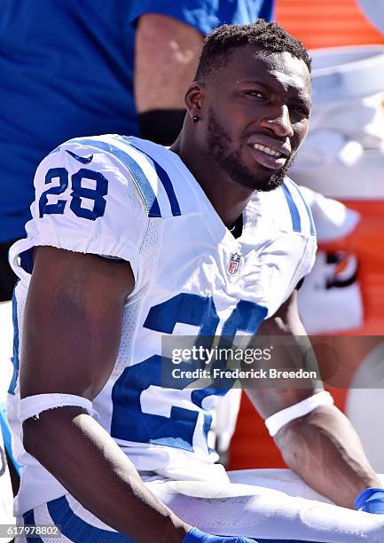 Jordan Todman of the Indianapolis Colts watches from the sideline during a game against the Tennessee Titans at Nissan Stadium on October 23, 2016 in...