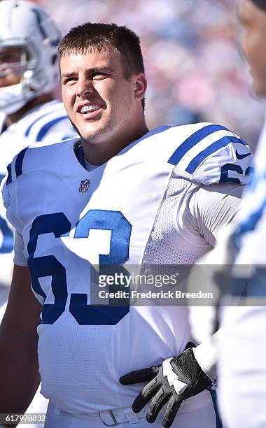 Austin Blythe of the Indianapolis Colts watches from the sideline during a game against the Tennessee Titans at Nissan Stadium on October 23, 2016 in...