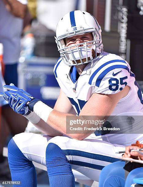 Chase Coffman of the Indianapolis Colts watches from the sideline during a game against the Tennessee Titans at Nissan Stadium on October 23, 2016 in...