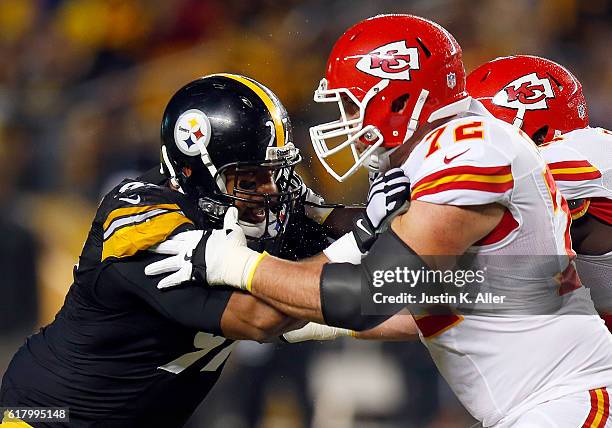 Cameron Heyward of the Pittsburgh Steelers in action against Eric Fisher of the Kansas City Chiefs during the game at Heinz Field on October 2, 2016...
