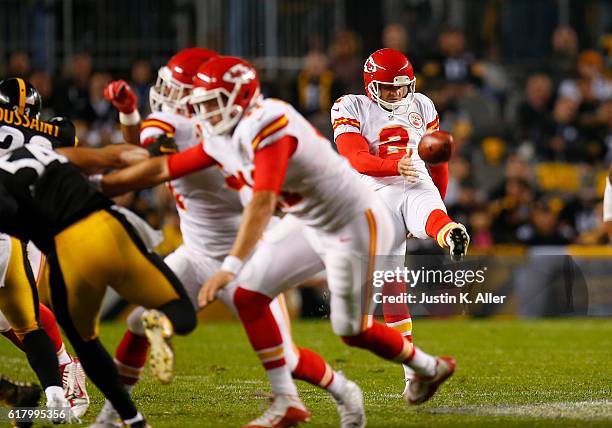 Dustin Colquitt of the Kansas City Chiefs in action during the game against the Pittsburgh Steelers at Heinz Field on October 2, 2016 in Pittsburgh,...