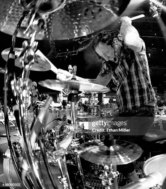 Drummer Morgan Rose of Sevendust performs during a stop of the band's Kill the Flaw tour at Brooklyn Bowl Las Vegas at The Linq Promenade on October...