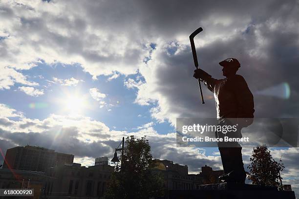Statue dedicated to Martin Brodeur sits outside the Prudential Center prior to the ganme between the New Jersey Devils and the Arizona Coyotes on...