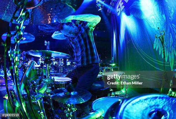 Drummer Morgan Rose of Sevendust performs during a stop of the band's Kill the Flaw tour at Brooklyn Bowl Las Vegas at The Linq Promenade on October...