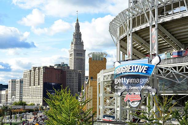 General view of Progressive Field and downtown Cleveland before Game One of the 2016 World Series at Progressive Field on October 25, 2016 in...