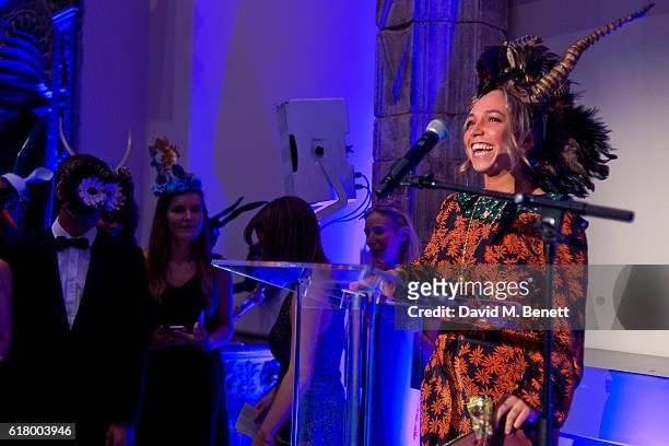 Ayesha Shand speaks during the opening night of 'Conservation Couture: The Animal Ball Collection' in aid of Elephant Family and supported by...