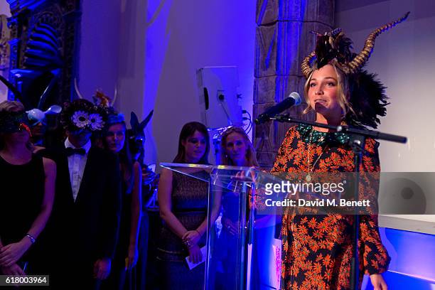 Ayesha Shand speaks during the opening night of 'Conservation Couture: The Animal Ball Collection' in aid of Elephant Family and supported by...