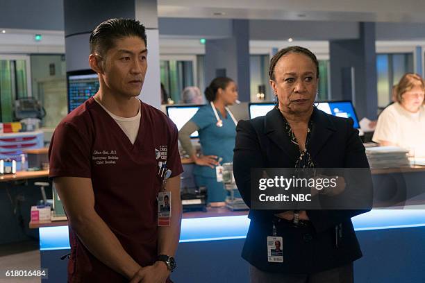 Inherent Bias" Episode 207 -- Pictured: Brian Tee as Ethan Choi, S. Epatha Merkerson as Sharon Goodwin --