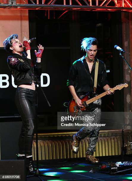 Actress and singer Evan Rachel Wood and actor and musician Zach Villa perform on stage at The Build Series Presents Evan Rachel Wood Discusses The...