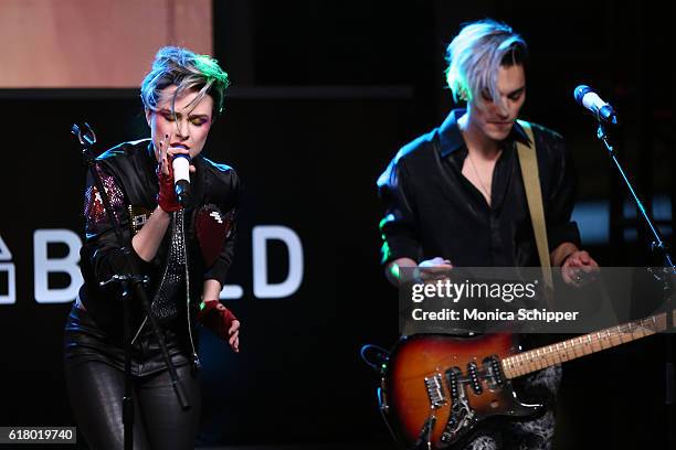 Actress and singer Evan Rachel Wood and actor and musician Zach Villa perform on stage at The Build Series Presents Evan Rachel Wood Discusses The...