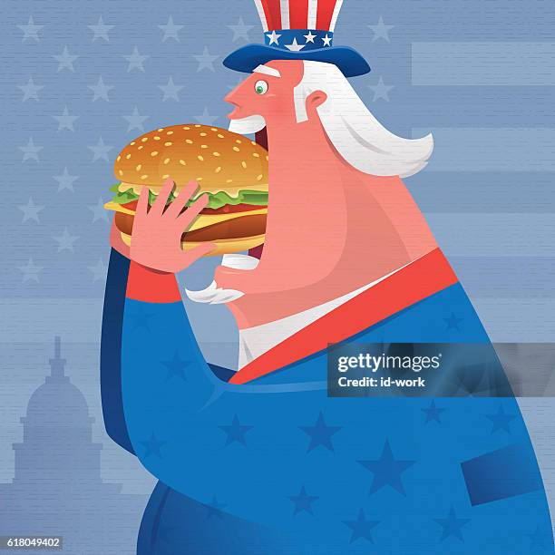 fat uncle sam eating hamburger - uncle sam stock illustrations