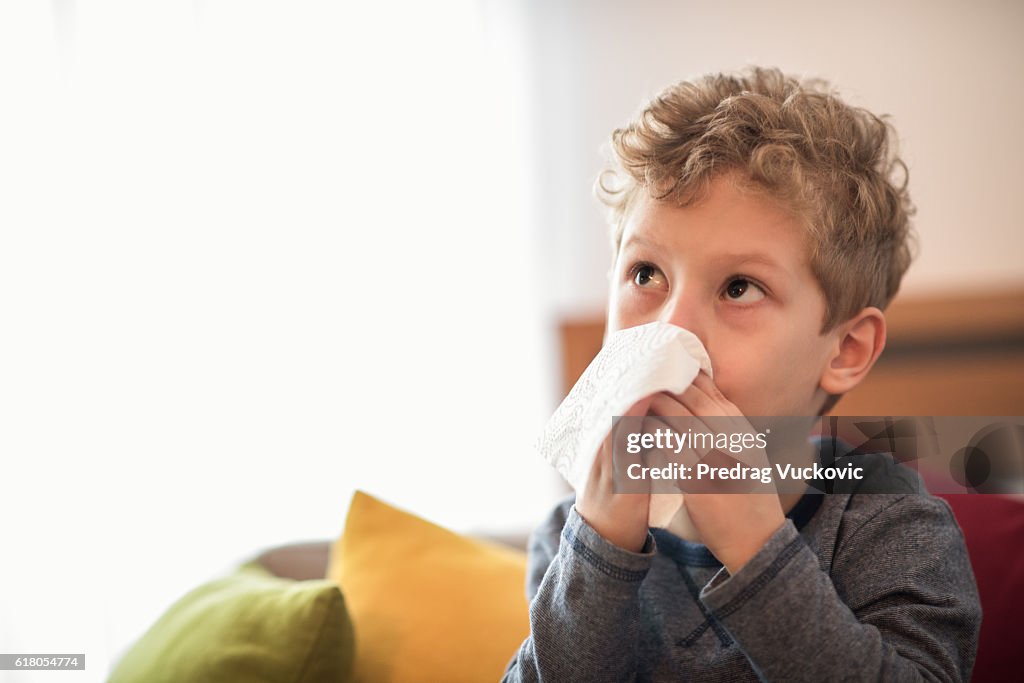Little boy blowing nose