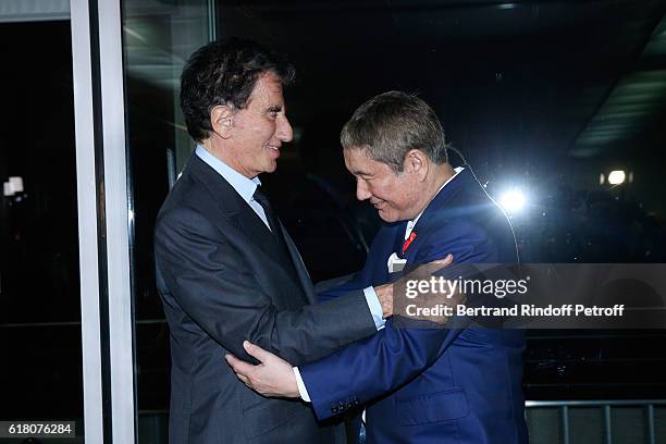 Artist Takeshi Kitano receives the French Legion of Honor By Jack Lang at Fondation Cartier on October 25, 2016 in Paris, France.