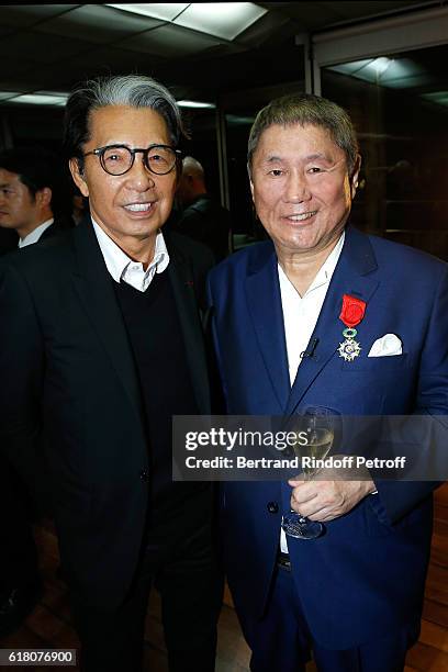 Stylist Kenzo Takada and Japenese Artist Takeshi Kitano attend Takeshi Kitano receives the French Legion of Honor By Jack Lang at Fondation Cartier...