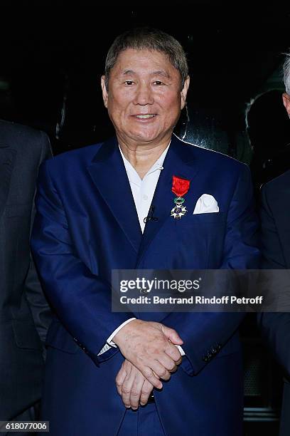 Japenese Artist Takeshi Kitano receives the French Legion of Honor By Jack Lang at Fondation Cartier on October 25, 2016 in Paris, France.