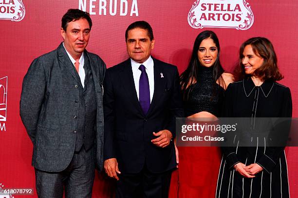 Governor of Michoacan Silvano Aureoles Conejo poses with Daniela Michel and Cuauhtémoc Cárdenas Batel during the red carpet of the Morelia...