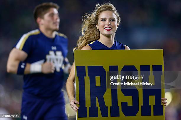 Notre Dame Fighting Irish cheerleader is seen during the game against the Stanford Cardinal at Notre Dame Stadium on October 15, 2016 in South Bend,...