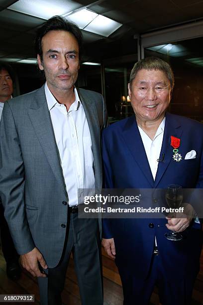 Actor Anthony Delon and Japenese Artist Takeshi Kitano attend Takeshi Kitano receives the French Legion of Honor By Jack Lang at Fondation Cartier on...