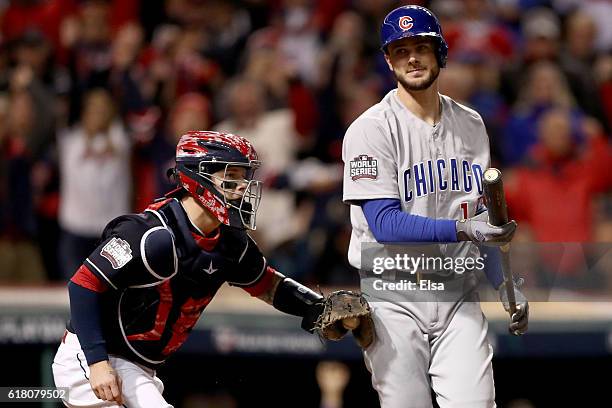 Kris Bryant of the Chicago Cubs reacts after striking out during the third inning against the Cleveland Indians in Game One of the 2016 World Series...