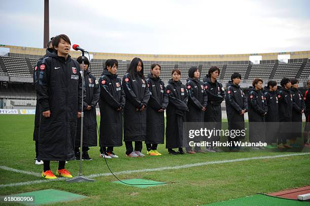 Captain Michi Goto of Urawa Reds Ladies speaks to fans after the Nadeshiko League match between Urawa Red Diamonds Ladies and NTV Beleza at Urawa...