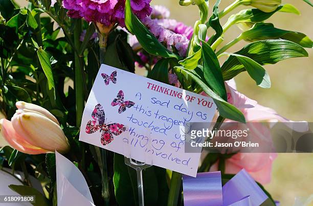 Tribute left on flowers at Dreamworld on October 26, 2016 in Gold Coast, Australia. Four people were killed following an accident on the Thunder...