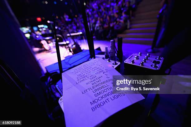 View of the set list for an Evening with Rob Thomas to benefit Sidewalk Angels at Samsung 837 at Samsung 837 on October 25, 2016 in New York City.