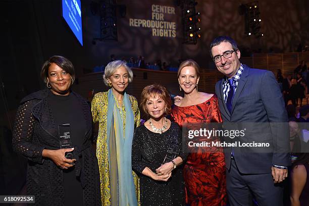 Dawn Porter, Kavita Ramdas, Isabel Allende, Nancy Northup, and John Oliver pose onstage at The Center for Reproductive Rights 2016 Gala at the Jazz...