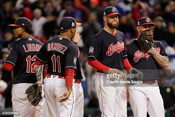 Corey Kluber of the Cleveland Indians reacts on the pitcher's mound prior to being relieved during the seventh inning against the Chicago Cubs in...