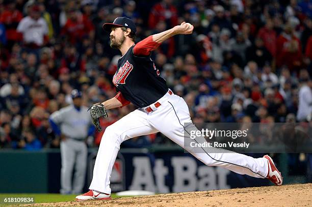 Andrew Miller of the Cleveland Indians pitches during Game 1 of the 2016 World Series against the Chicago Cubs at Progressive Field on Tuesday,...