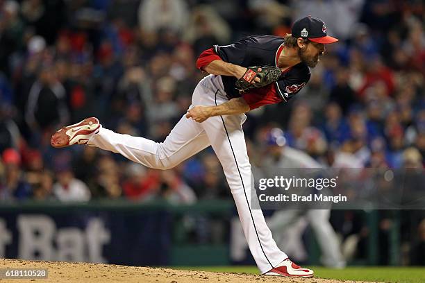 Andrew Miller of the Cleveland Indians pitches during Game 1 of the 2016 World Series against the Chicago Cubs at Progressive Field on Tuesday,...