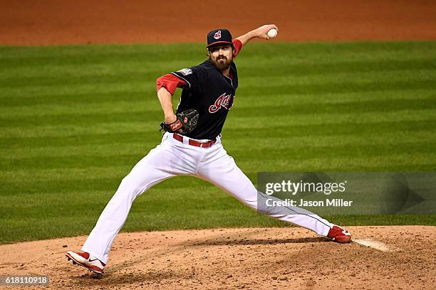 Andrew Miller of the Cleveland Indians throws a pitch during the seventh inning against the Chicago Cubs in Game One of the 2016 World Series at...