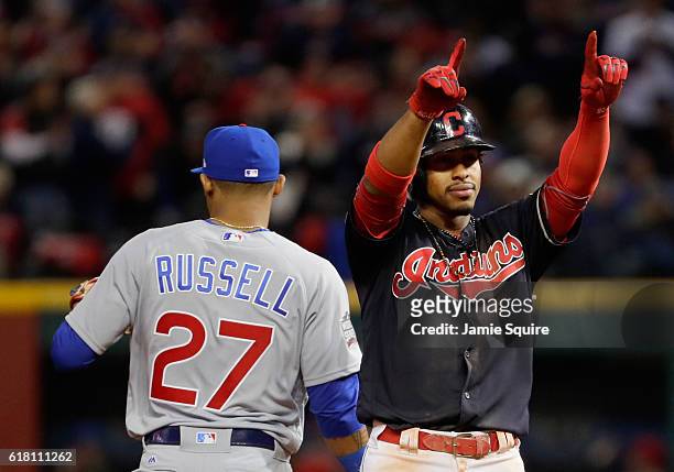 Francisco Lindor of the Cleveland Indians reacts after hitting a double during the seventh inning against the Chicago Cubs in Game One of the 2016...