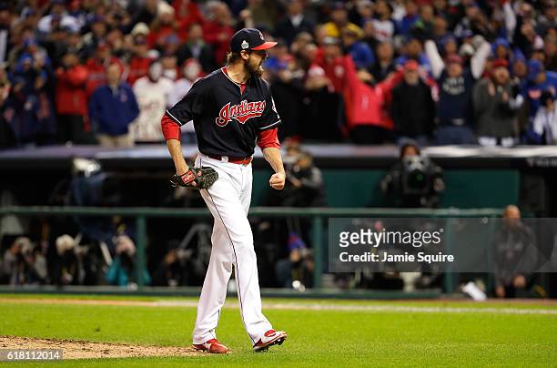 Andrew Miller of the Cleveland Indians reacts after striking out Kyle Schwarber of the Chicago Cubs , to end the top of the eighth inning in Game One...