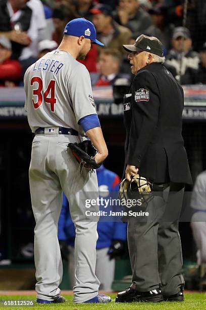 Jon Lester of the Chicago Cubs argues a call made by Home Plate Umpire Larry Vanover against the Cleveland Indians in Game One of the 2016 World...