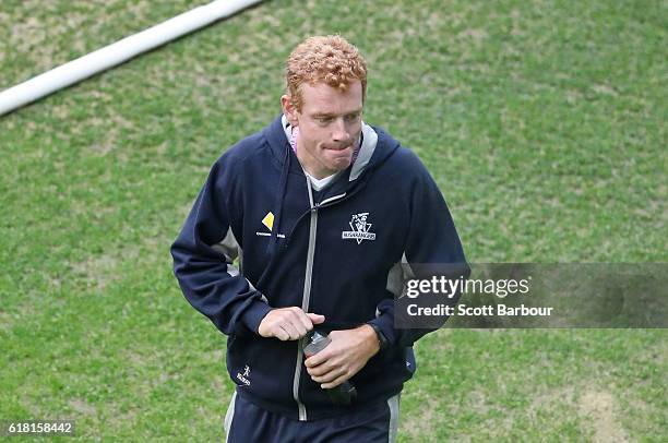 Andrew McDonald, Head Coach of Victoria looks on during day two of the Sheffield Shield match between Victoria and Tasmania at the Melbourne Cricket...