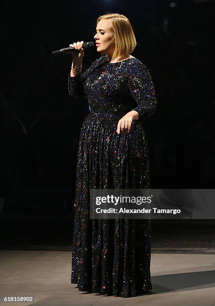 Musician Adele is seen performing at the AmericanAirlines Arena on October 25, 2016 in Miami, Florida.