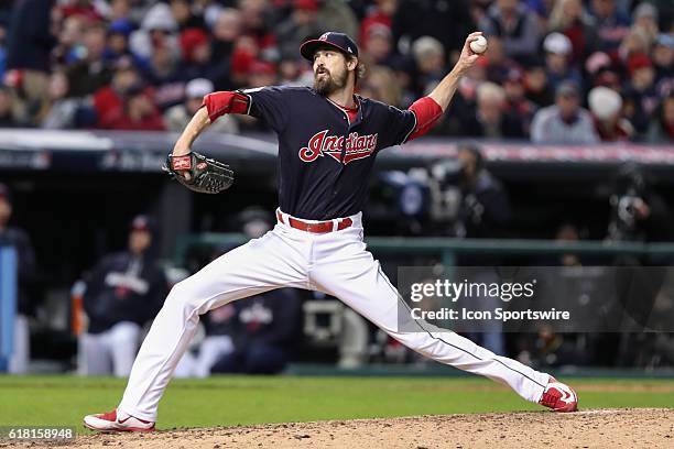 Cleveland Indians relief pitcher Andrew Miller pitches during Game 1 of the 2016 World Series against the Chicago Cubs and the Cleveland Indians at...