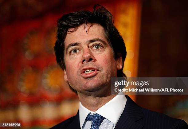 Gillon McLachlan, Chief Executive Officer of the AFL speaks to the media during an AFL announcement at The Chinese Museum Melbourne on October 26,...