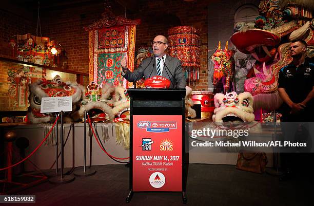 Power President David Koch speaks to the media during an AFL announcement at The Chinese Museum Melbourne on October 26, 2016 in Melbourne, Australia.