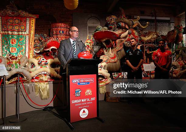 Power President David Koch speaks to the media during an AFL announcement at The Chinese Museum Melbourne on October 26, 2016 in Melbourne, Australia.