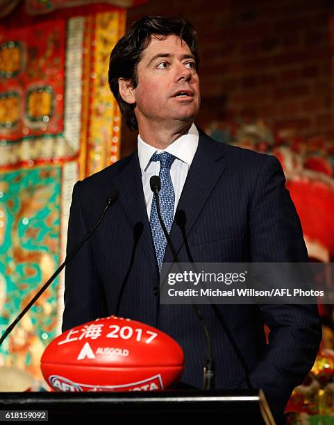 Gillon McLachlan, Chief Executive Officer of the AFL speaks to the media during an AFL announcement at The Chinese Museum Melbourne on October 26,...